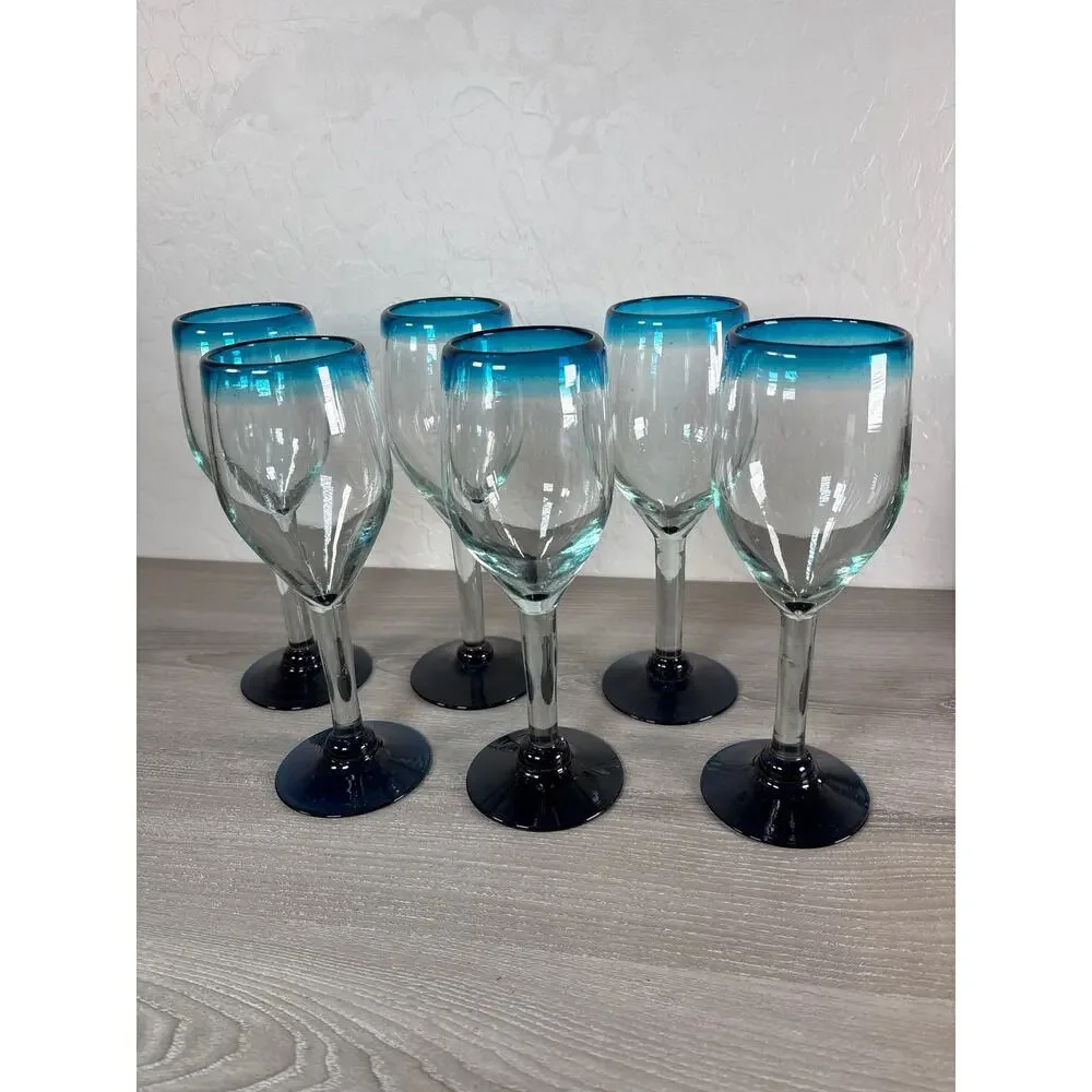Set of 6 Hand Blown Clear w/ Light Turquoise Blue‎ Rim Tall Wine Glass 8 3/4”
